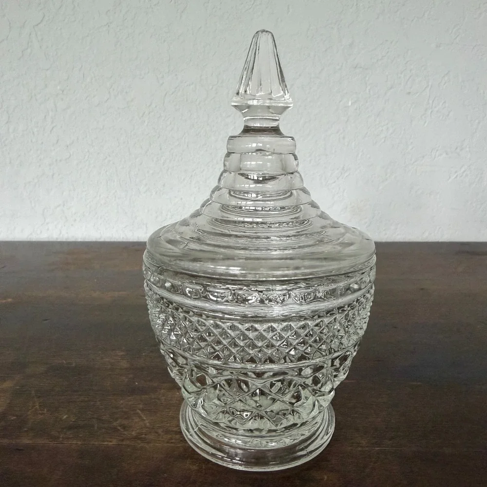 VTG Pressed Glass Covered Candy Dish Diamond Pattern‎ Pedestal Jar Cottagecore